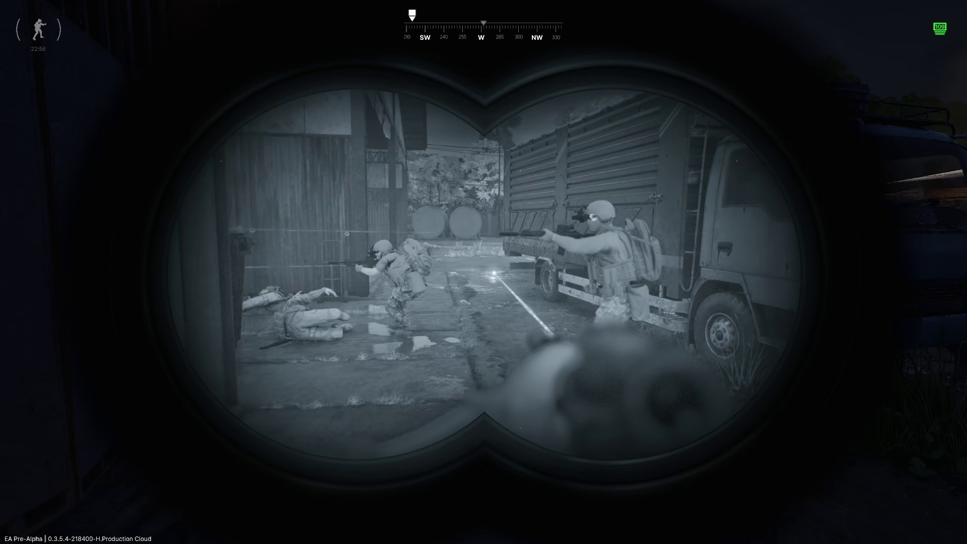 Night vision binocular view during a Grey Zone Warfare operation, showing teammates clearing an objective under low-light conditions