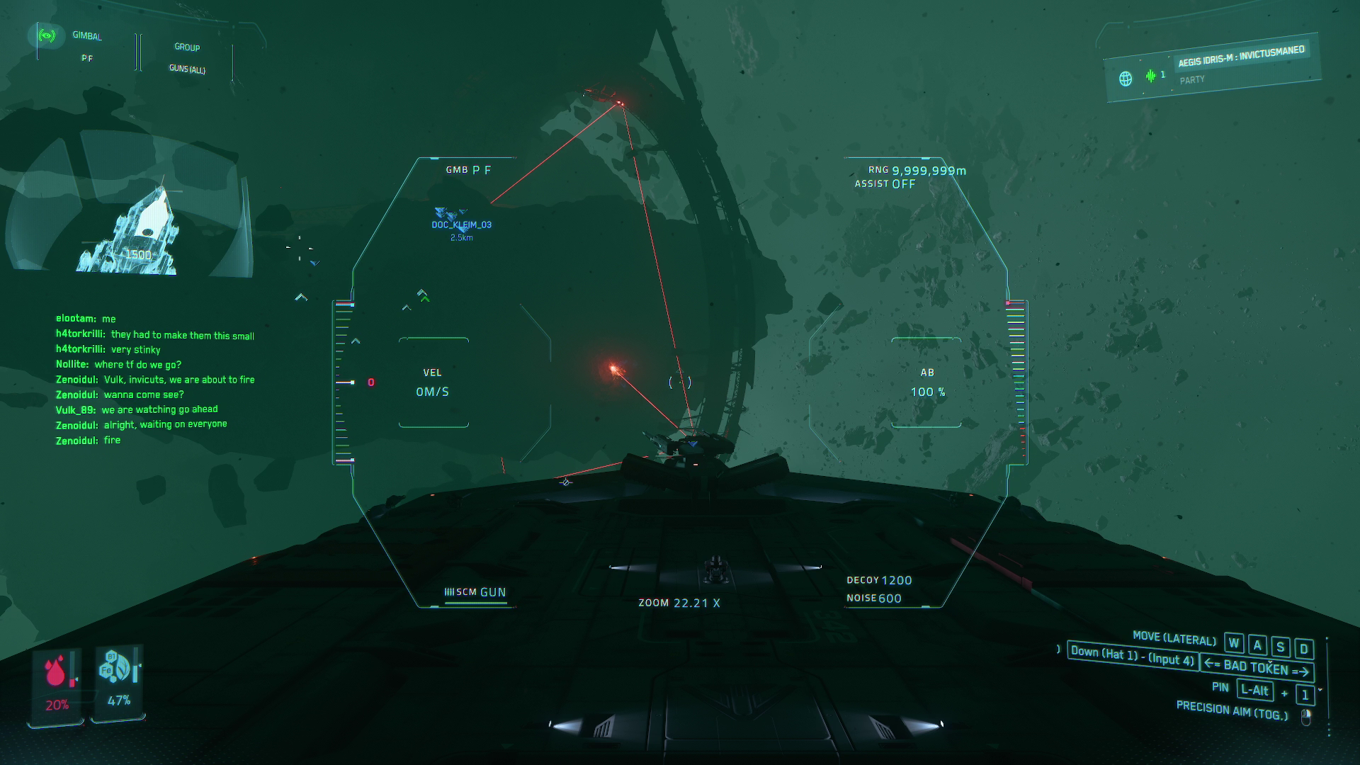 Star Citizen cockpit view during a Dirty Rice Gaming operation, with team chat showing Vulk coordinating a firing solution