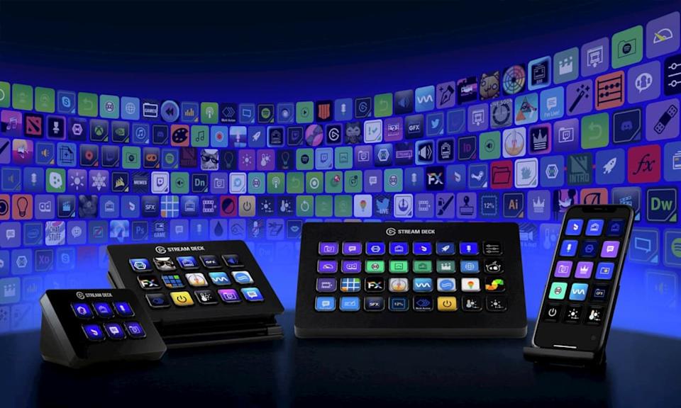 Multiple Elgato Stream Deck models displayed side by side showing the Mini, MK.2, XL, Stream Deck +, and Neo form factors with their LCD button grids